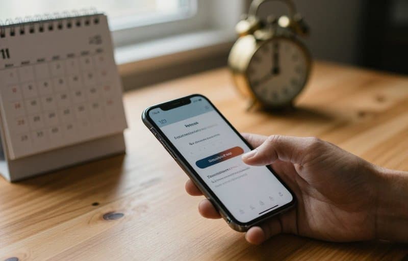 A hand tapping a phone to push back a subscription renewal date next to a calendar and a clock, illustrating deferred billing as an alternative to a refund
