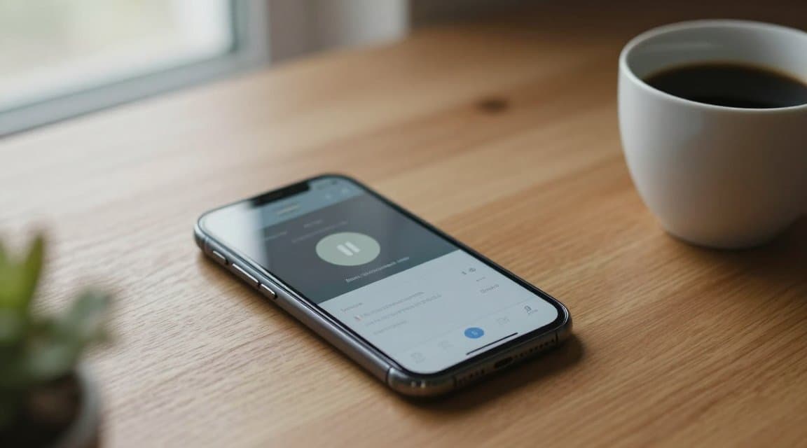 A phone on a warm-lit desk showing a paused subscription with a soft pause symbol, illustrating how to pause a subscription instead of refunding it