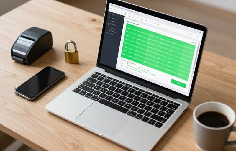 A developer's desk with a laptop showing a purchase verification dashboard, illustrating how to prevent app chargebacks by validating every purchase before granting access