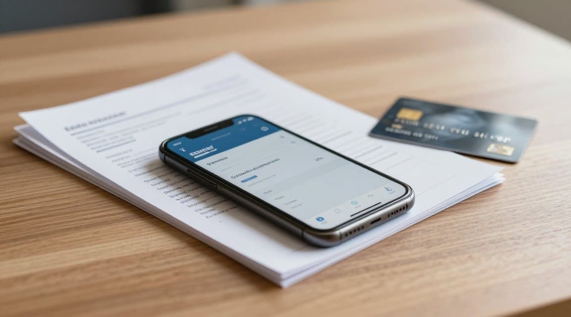 A desk in warm light with a phone showing a card dispute screen, a stack of receipts, and a single credit card, illustrating how to prevent app chargebacks before they reach the bank