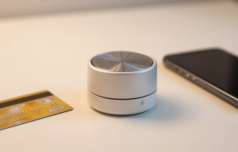 A single mechanical countdown timer on a desk beside a credit card and a phone, standing in for a refund window counting down