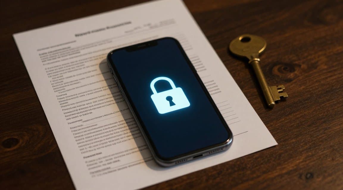 A glowing padlock on a phone beside a bank statement and an out-of-reach key, standing in for a reversed refund that locks out a customer who paid