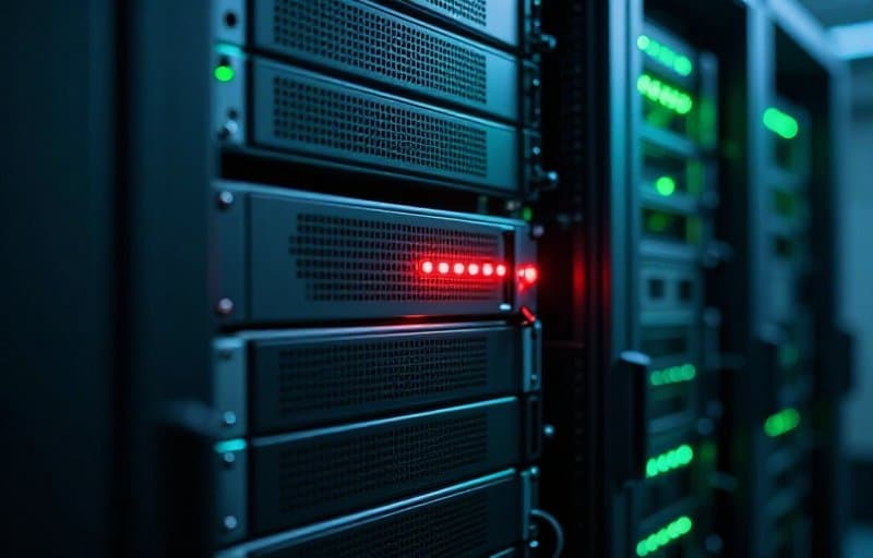 A server rack with a single red status light among rows of green, representing a silent revocation decision