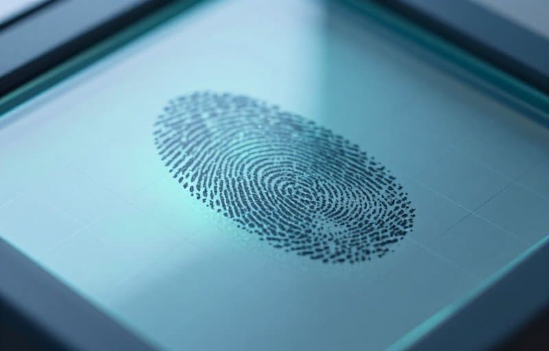Un'impronta digitale letta su un sensore di vetro illuminato, a illustrare come i campi di identità dello store colleghino un acquisto all'account dietro l'abuso dei rimborsi