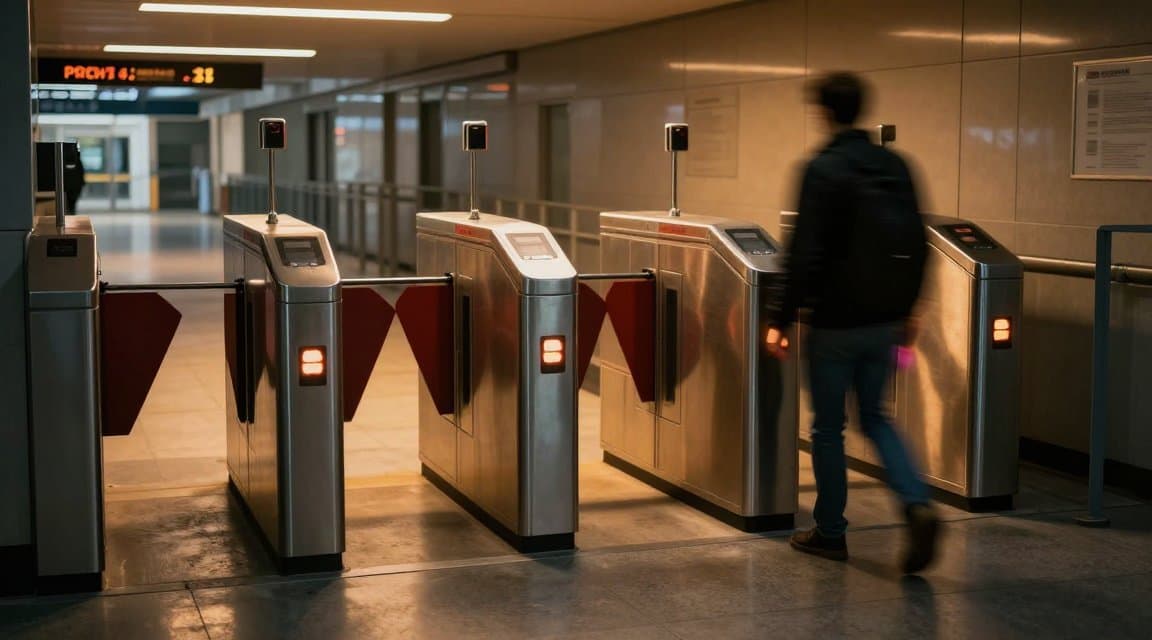 Un tornello in un atrio di transito in penombra con una figura che lo attraversa più e più volte, a illustrare l'abuso ripetuto dei rimborsi