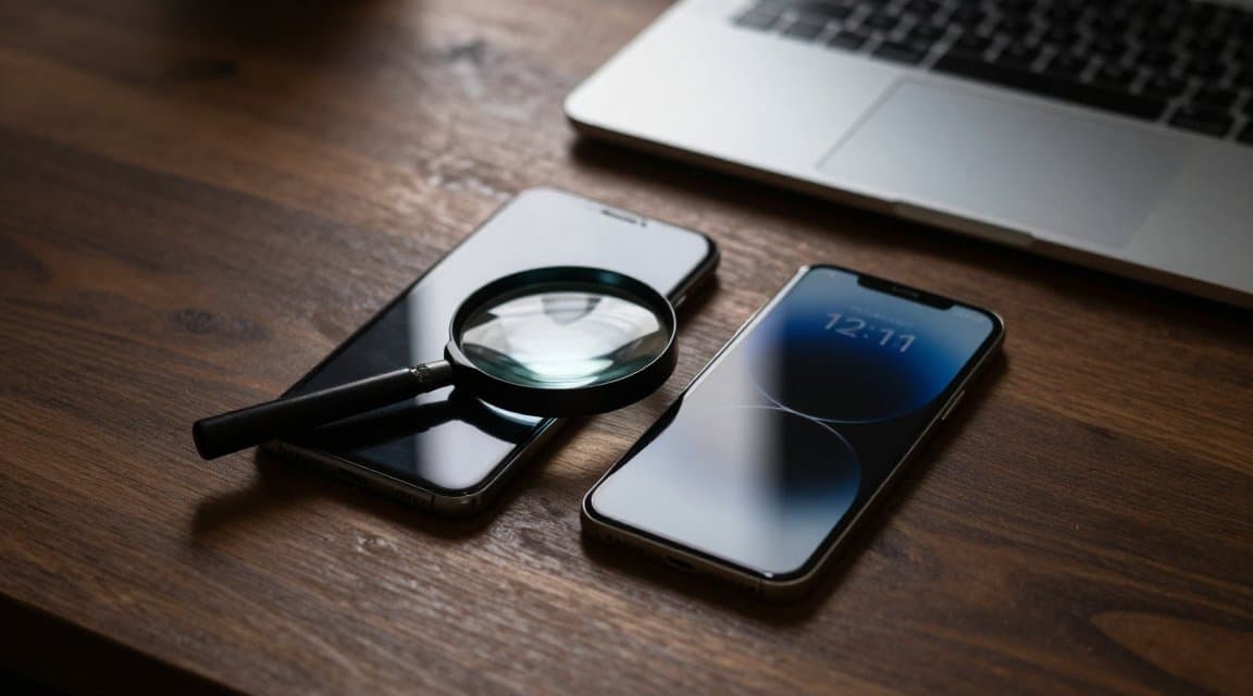 Sebuah iPhone dan sebuah ponsel Android di bawah kaca pembesar di meja gelap, mewakili pengujian refund pembelian dalam aplikasi sebelum menjadi nyata