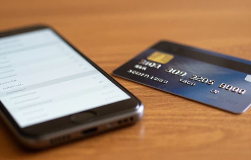 Uno smartphone su una scrivania accanto a una carta di credito che mostra un elenco sfocato di righe di transazioni bancarie con una riga lievemente evidenziata, a rappresentare un addebito non riconosciuto che un cliente sta per contestare