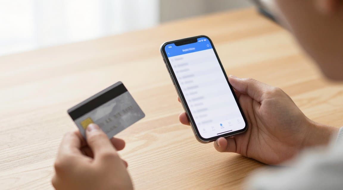Una persona che tiene in mano una carta di credito e studia un'app bancaria sul telefono con un addebito non riconosciuto sull'estratto conto, incerta su quale app le abbia fatto pagare